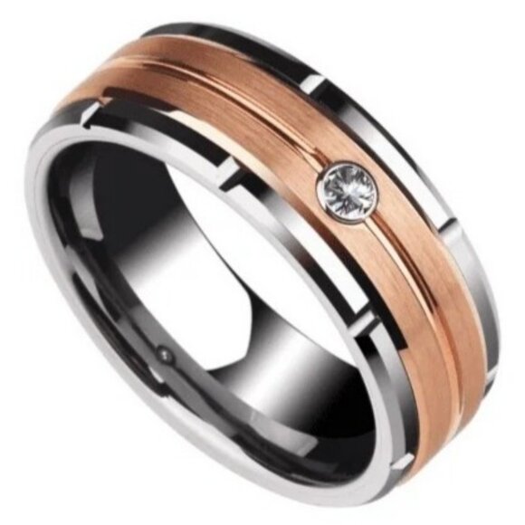 Tungsten Steel Beveled Double Channel Brushed Rose Gold Statement Wedding Ring - Picture 3 of 6